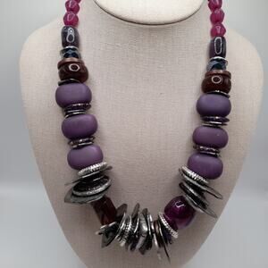 Chico’s Boho Statement Necklace Silver Tone Purple Glass Beads 22 Inch